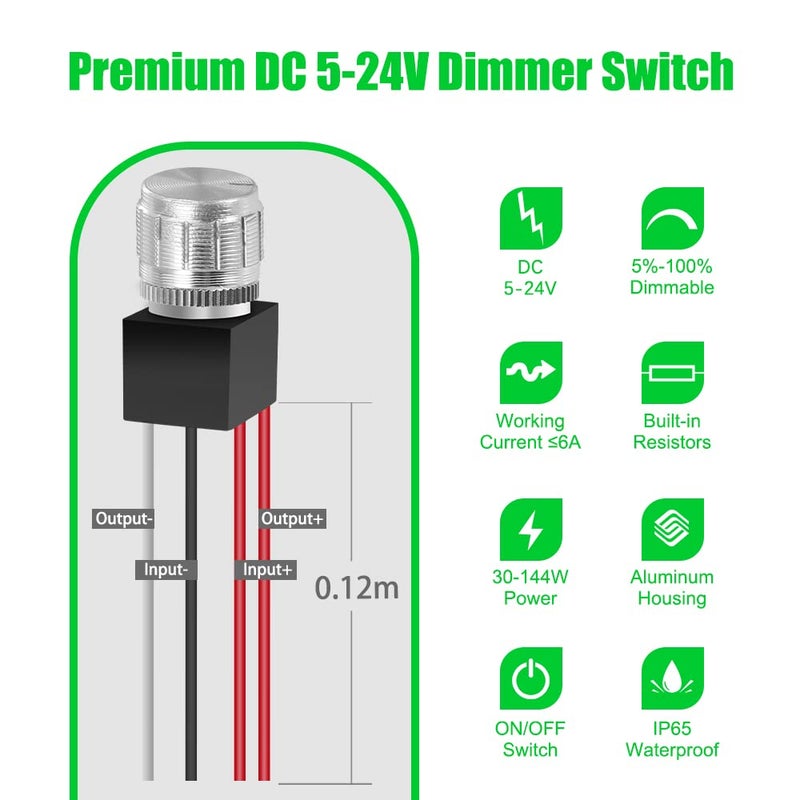 Greenclick 12V DC Dimmer Switch, 5-24 Volts Dimmer Switch PWM Waterproof for LED RV Lights Interior, Ceiling Lights, Halogen, Incandescent, Auto, Truck, Marine, Strip Lighting - Long Shaft - Image 2